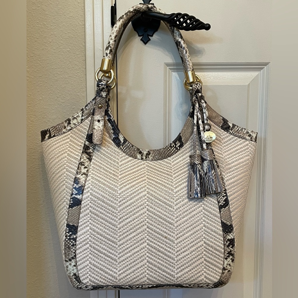 BRAHMIN Giselle Natural Raffia Anaconda Shoulder Tote Bag Large